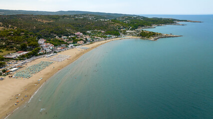 Aerial view of San Lorenzo beach in Vieste, Puglia, Italy. It is one of the most beautiful tourist coasts of Gargano.