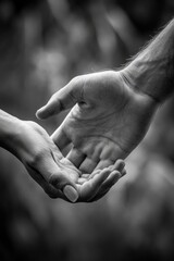 A pair of individuals standing together, grasping each other's hands in a black and white image