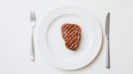 A minimalist plate featuring a grilled steak, accompanied by silver cutlery, set against a simple white background.