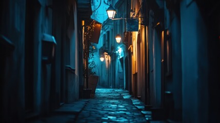 A Narrow Cobblestone Alleyway Illuminated by Streetlights at Night