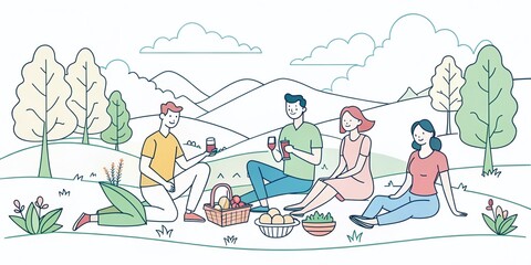 Modern Flat Continuous Line Illustration of a Picnic with Friends in a Scenic Landscape, Emphasizing Nature, Relaxation, and Enjoyment in a Minimalist Design