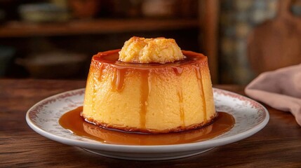 Delicious Homemade Flan Pudding Dessert with Caramel Topping on Rustic Plate in Cozy Kitchen Setting, Perfect for Sweet Holiday Celebrations and Family Gatherings