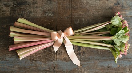 Naklejka premium A bundle of rhubarb stalks tied with a satin ribbon, styled on a vintage wooden surface