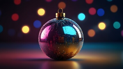Fototapeta premium An elegant Christmas ball toy featuring a sleek metallic surface with digital displays and animated designs, surrounded by a blur of colorful lights and futuristic elements, perfect for a vibrant New 