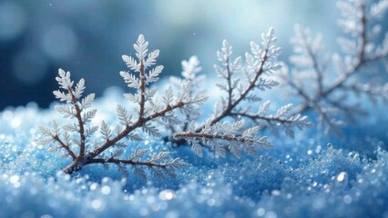 Texture of snowflakes, snow flakes on tree branches, bushes on a frosty day, white and blue background
