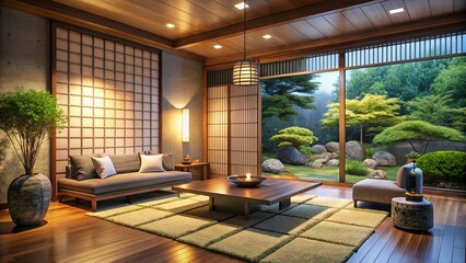 Fototapeta premium Modern Japanese Inspired Living Room with Minimalist Design, Natural Materials, Warm Lighting, and Zen Elements for a Tranquil Home Environment