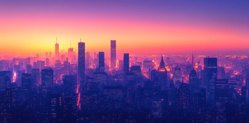 Obraz premium Cityscape at Sunset Vibrant Colors Illuminating Buildings