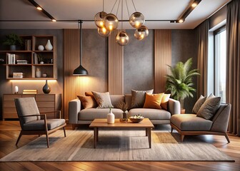 Fototapeta premium Modern Living Room Showcase Featuring Sleek Furniture, Cozy Textiles, and Ambient Lighting for a Welcoming Atmosphere in Contemporary Home Design