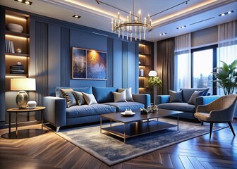 Fototapeta premium Modern Living Room with Blue Accents in Low Light, Featuring Stylish Furniture and Cozy Atmosphere for Interior Design Inspiration and Home Decor Ideas
