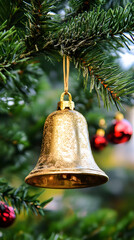 Golden bells jingle merrily on a Christmas tree, a festive decoration for the holiday season