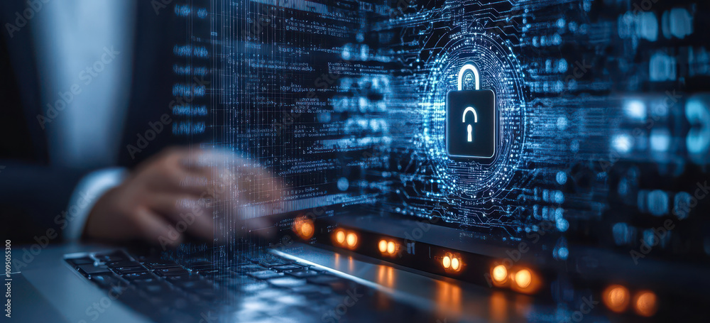 Poster businessman securing data with encryption and network security for cyber protection