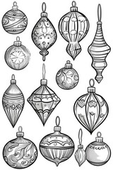 Collection of vintage-style ornaments in black and white, ideal for use on Christmas cards or as a decorative element
