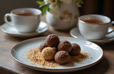 The painting shows chocolates decorated with crumbs, placed on a snow-white plate. Nearby are two cups of tea. The perfect dessert for a cozy atmosphere.