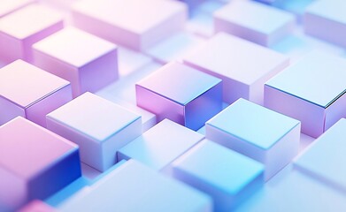 Fototapeta premium Sfondo con forme geometriche astratte nei colori pastello blu, viola e rosa, che rappresentano tecnologia e innovazione. Design elegante per materiali di marketing digitale o post sui social media.