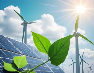 clean energy for transportation. wind turbine and solar panel.green leaf blowing in sky.renewable energy to businesses, people, and smart city .new generation of power.clean and environmental friendly