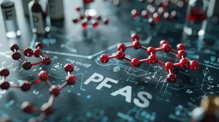3d molecular structure of pfas on blue background with space on left for emphasis