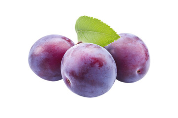 Obraz premium Three purple plums with green leaves on top. on transparent background.