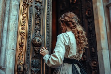 Obraz premium A woman with long hair stands in front of a door, possibly considering entering or deciding what to do next
