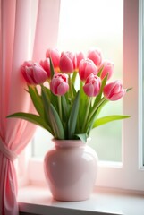 A bouquet of pink tulips in a light pink vase on a white window sill by a window with a pink transparent curtain, through which soft light penetrates