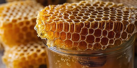 Fresh Natural Honeycomb on Glass Jar - Organic Golden Honeycomb, Bee Produce, Raw Sweet Natural Sweeteners for Health and Wellness, Close-up Photograph