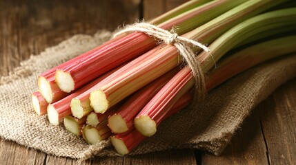 Freshly harvested garden rhubarb stalks tied with twine, styled on a rustic wooden table with a linen cloth