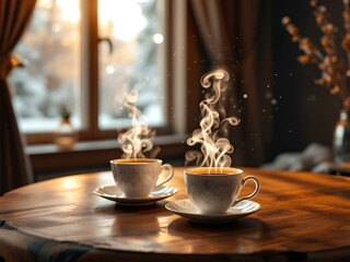 Two cups of steaming hot tea on a wooden table on the background of a cozy room by the window...