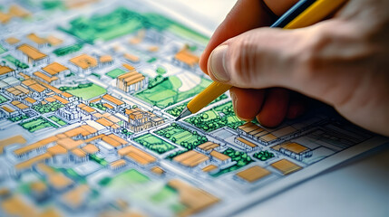 Naklejka premium Hand Drawing on Detailed Cadastre Map for Urban Planning and Land Surveying Concepts