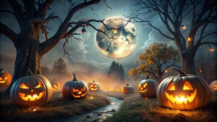 Mystical Halloween Banner for Website Featuring a Glowing Full Moon, Burning Autumn Trees, and Jack-o'-Lanterns in an Eerie, Spooky Atmosphere for Seasonal Celebrations