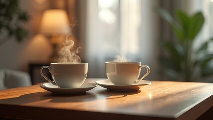 Obraz premium Two cups of steaming hot coffee on a wooden table by the window in the rays of the morning sun, creating a feeling of home warmth and comfort.