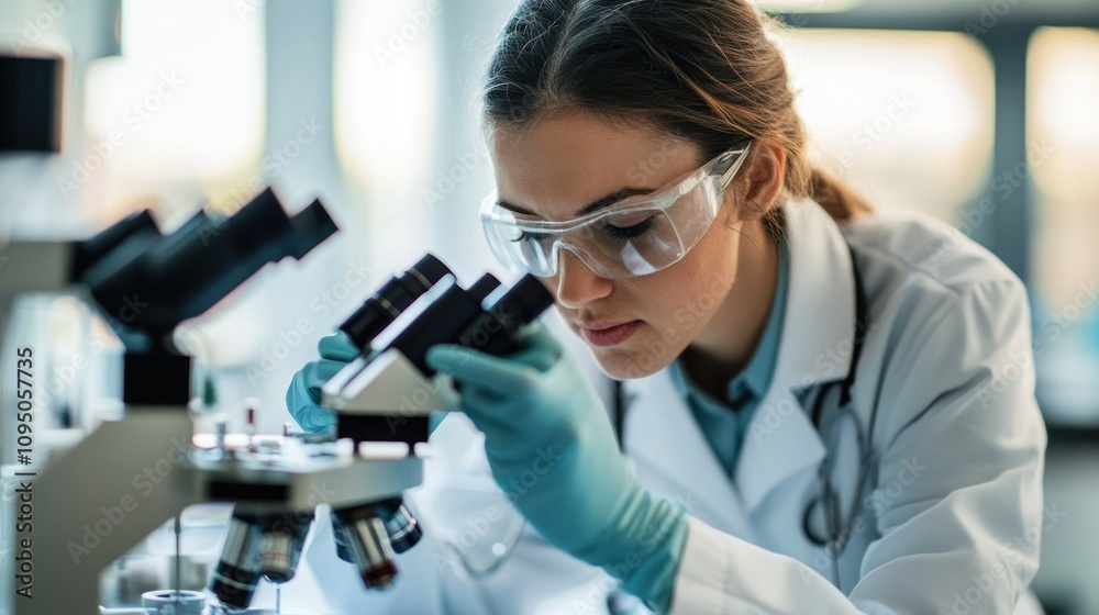 Poster A Woman Scientist Using a Microscope in a Lab