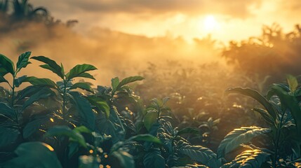 Obraz premium Misty Morning in a Lush Coffee Plantation at Sunrise. close up.