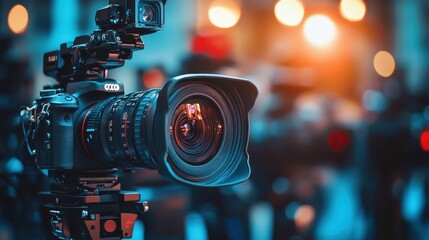 A close-up of a professional camera lens with a blurred background of other cameras.