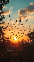 Birds Flying Silhouetted Against Sunset Sky