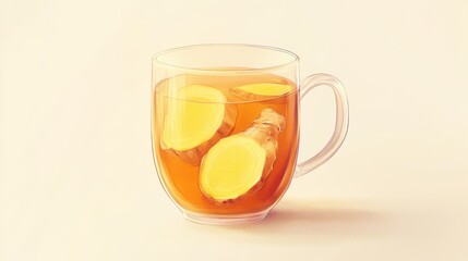 Hot ginger tea is served in a clear glass cup alongside fresh ginger slices on a softly lit surface, highlighting the warm tones and inviting appearance.