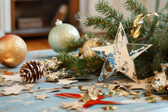 Festive decorations and pine cones on a table