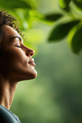 Zoom in on the peaceful concentration of an Outdoor Yoga practitioner, A serene moment of reflection in nature, highlighting inner peace and tranquility amidst lush greenery.