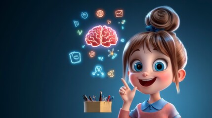 Playful Cartoon Girl with Glowing Brain Illustrations