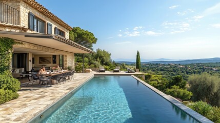Friends enjoying lunch at luxury villa with infinity pool overlooking french countryside
