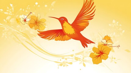 Obraz premium A Vibrant Hummingbird in Flight with Orange Flowers and Swirling Lines