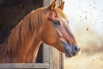 A close-up shot of a horse peeking out of a window, great for farm or animal-themed designs
