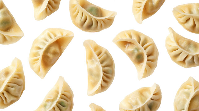 Delicious Chinese dumplings arranged beautifully on a white background, perfect for culinary art.