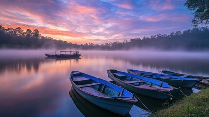 Boats Moored on a Misty Lake at Sunrise