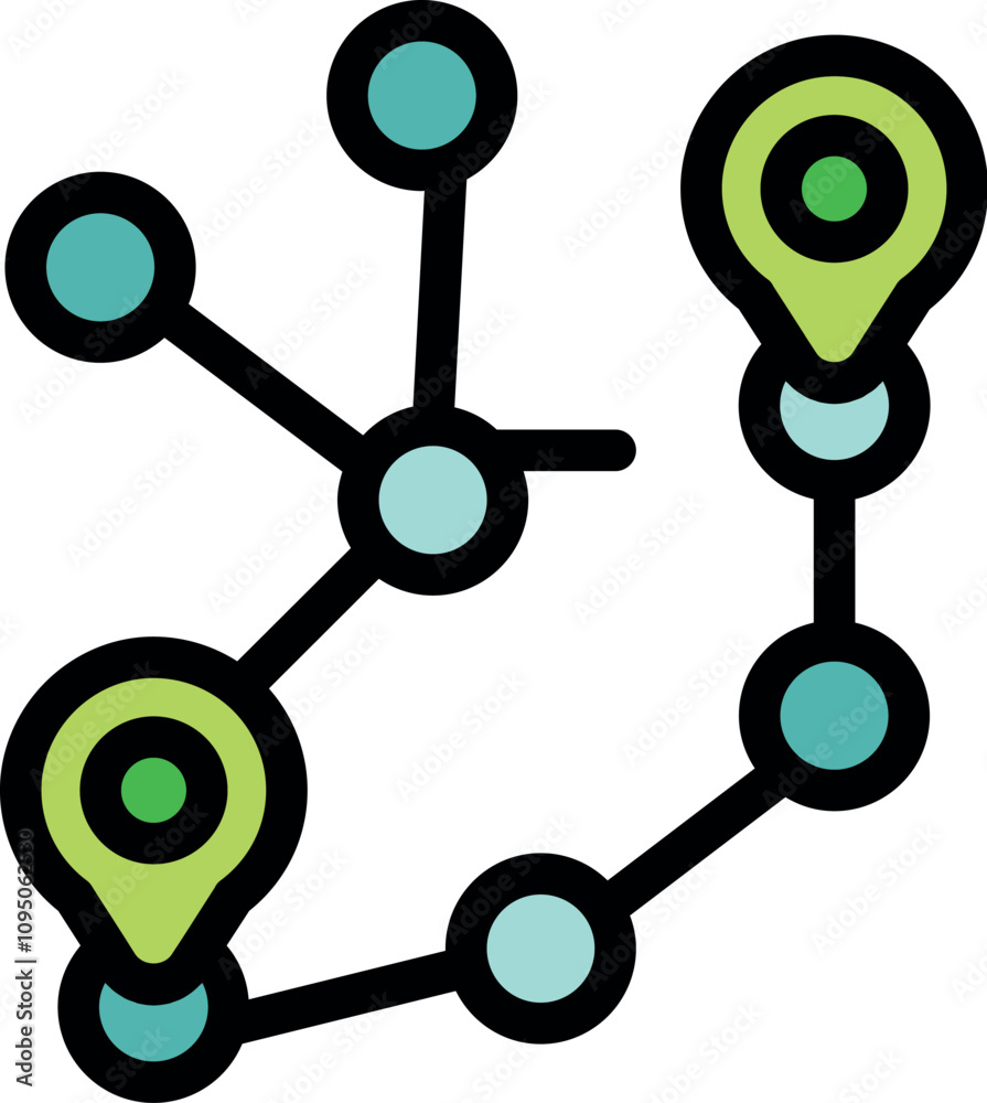 Poster connected location pins indicating route planning using navigation points