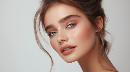 A model with a well-groomed and natural makeup look, wearing soft pink lipstick on her full lips, showcasing the smooth texture of their skin. 