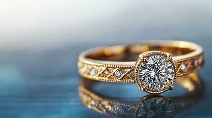An elegant gold engagement ring with a diamond, isolated on a blue background. 