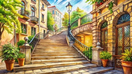 Fototapeta premium Panoramic Photography of a Detailed Sketch of Stairs in a Serene Environment, Showcasing Intricate Designs and Textures with a Focus on Architectural Elements and Shadows