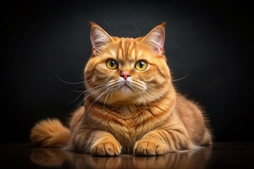 Fototapeta premium Panoramic View of a British Cat with Luxurious Red Fur Relaxing on a Solid Black Background, Capturing the Beauty and Elegance of This Feline in a Striking Composition