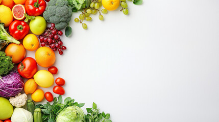 Fruit and vegetable background with space for text isolated on white, panoramic view. 