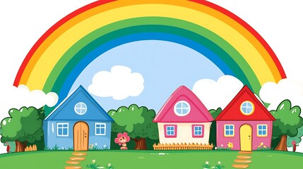Naklejka premium Three Colorful Houses Under a Rainbow in a Cartoon Landscape