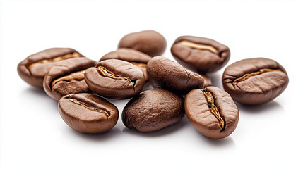 Naklejka premium Photo of coffee beans scattered on the right, on a white background, with high resolution